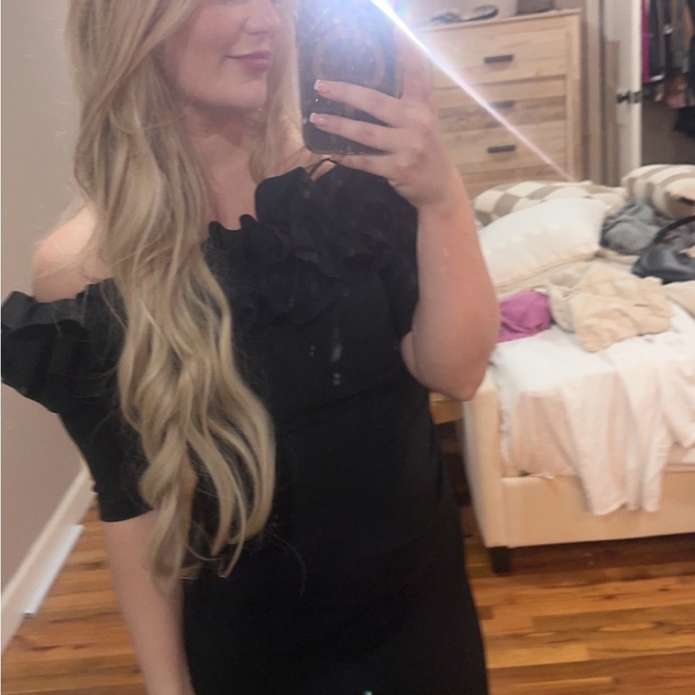 Xscape Black Ruffled Off-Shoulder Mini Dress